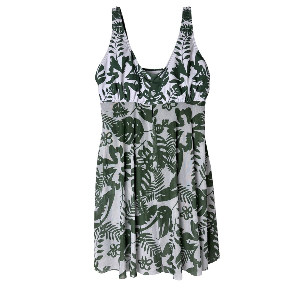 Swim Dress Women 2XL‎ Green White Tropical Leaf Mesh Bathing Suit Beachy